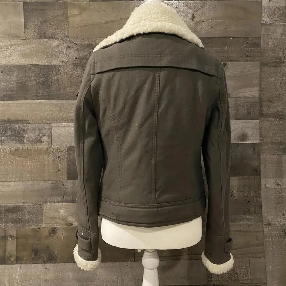 American Eagle Women’s Olive Moto Jacket W/Faux Fleece Trim Size Medium Vintage